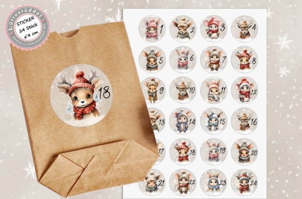 24 Stück zuckersüße Adventskalenderaufkleber Sticker Wald Tiere Weihnachten  /4cm rund mit-oder ohne 24 Beutelchen aus Kraftpapier